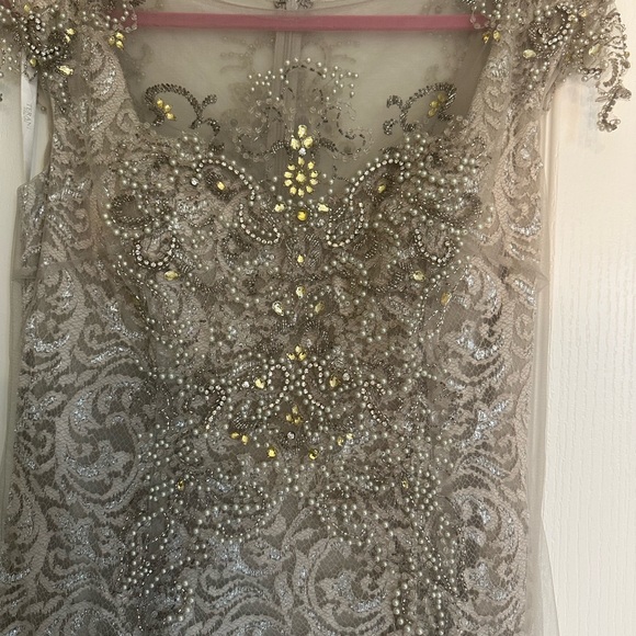 Terani Couture Elegant Silver Dress with Pearl Details - Picture 2 of 7